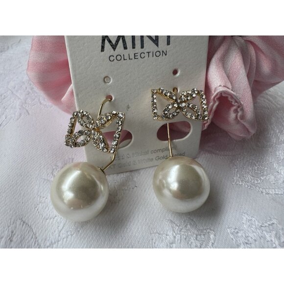 Mint 14KT White & Gold Plated Goldtone Pearl Bow Lead Free CZ Earrings NEW - Picture 3 of 8